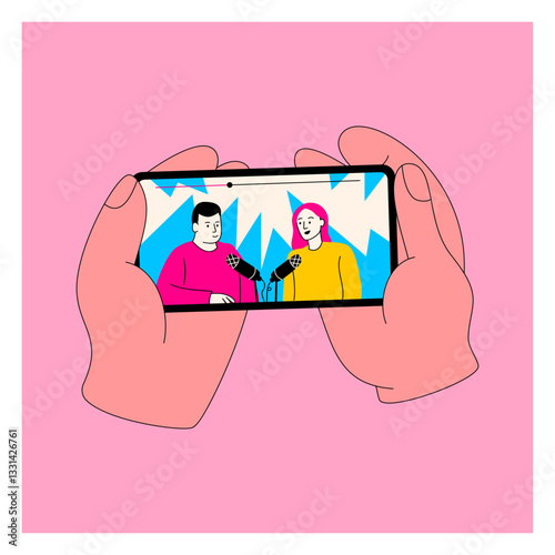 Phone in hands. People holding smartphones. Mobile video app. News broadcast. Doodle podcast. Cellphone user watching vlog. Digital movie. Social media interview live streaming. Vector garish card