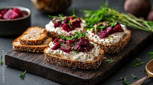 Wallpaper Mural Wooden serving board with three slices of bread on it. the bread is topped with a generous layer of cream cheese and garnished with sliced beets and sprigs of rosemary. Torontodigital.ca