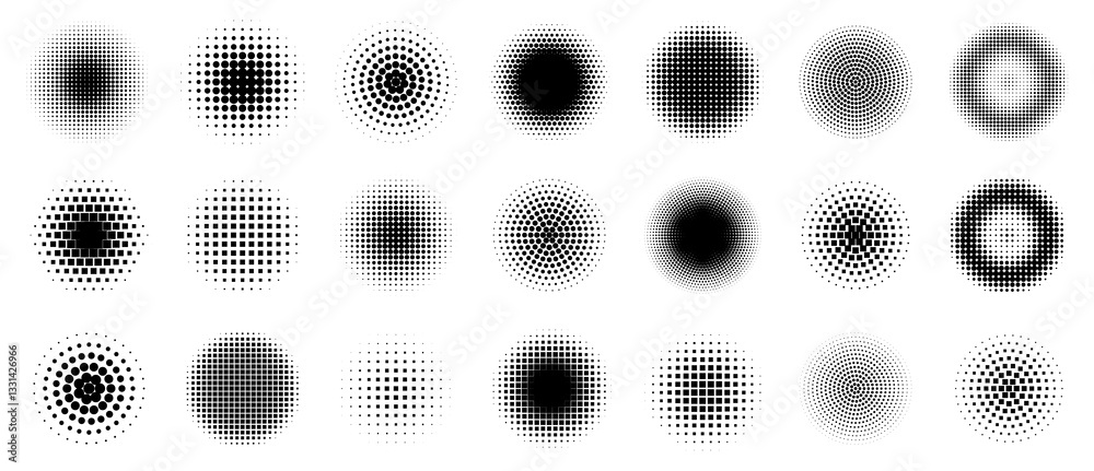 Dot pattern halftone. Half radial icon. Tone raster frame. Gradient round logo. Comic brushstroke. Element noise texture. Gradation graphic design print. Fade points. Vector abstract retro circles set