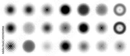 Dot pattern halftone. Half radial icon. Tone raster frame. Gradient round logo. Comic brushstroke. Element noise texture. Gradation graphic design print. Fade points. Vector abstract retro circles set