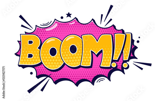 Comic speech bubble Boom. Yellow text on purple background.