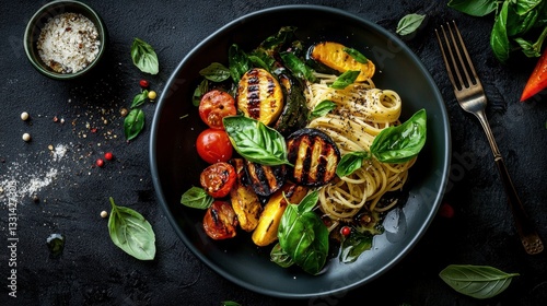 Plate of pasta dish on a dark black background. the pasta is cooked al dente and is topped with grilled vegetables such as zucchini, cherry tomatoes, and basil leaves.