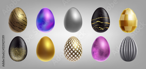 Egg easter 3d. Gold metal realistic for spring decorating. Happy golden ornament. Gift of celebration, glitter eggs. Luxury metallic isolated glossy isolated element. Vector illustration set for party