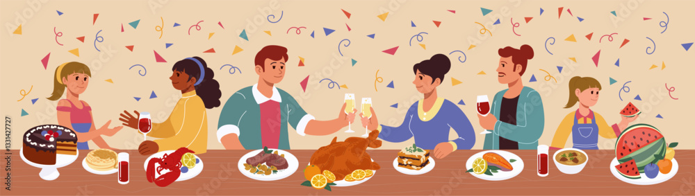Family dinner at table. Meal with meat vegetables and fruit, celebration food. People at Thanksgiving festive gathering. Cartoon character of joy and love. Vector friends on holiday at home or in cafe Family dinner at table. Meal with meat vegetables and fruit, celebration food. People at Thanksgiving festive gathering. Cartoon character of joy and love. Vector friends on holiday at home or in cafe