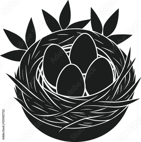 Elegant Black Silhouette Bird Nest with Four Eggs and Leaves – Nature Spring Vector