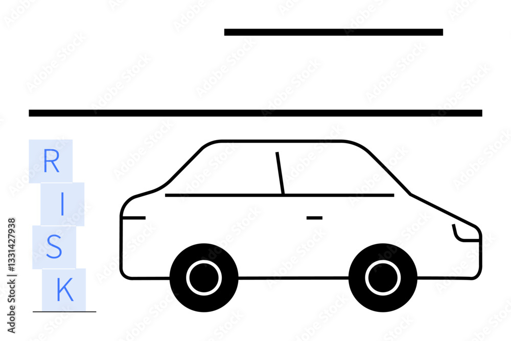 Naklejka premium Black outlined car over stacked RISK blocks and horizontal lines suggest balance, safety concerns, and risk management. Ideal for insurance, security, automotive, business strategy, decision-making