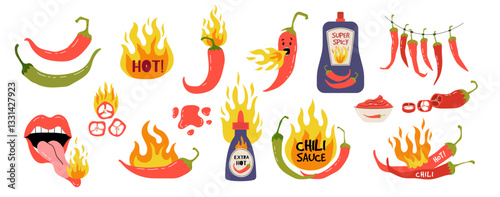 Hot sauce, chilly pepper. Lips and tongue with fire, Spicy food Mexican. Cooking chili seasoning. Fresh ingredient, tasty burn. Red vegetable flame, green bottles. Vector doodle isolated labels set