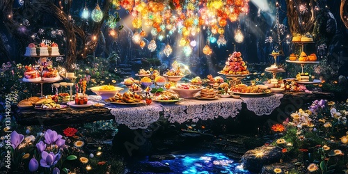 Enchanted forest dessert buffet with colorful cakes, pastries, and candies. Magical lighting and lush flowers create a whimsical scene.