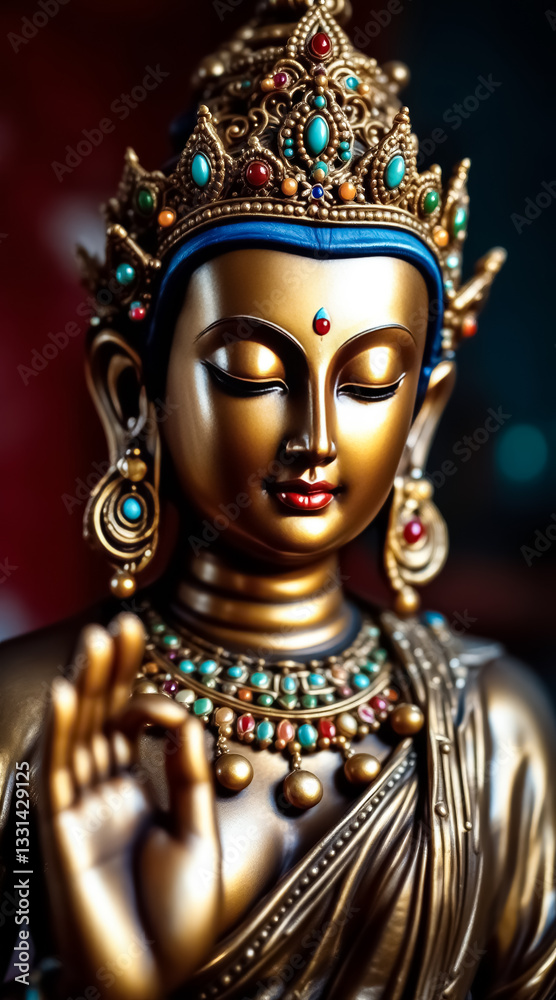 Obraz premium serene golden buddha statue with gemstone adornments