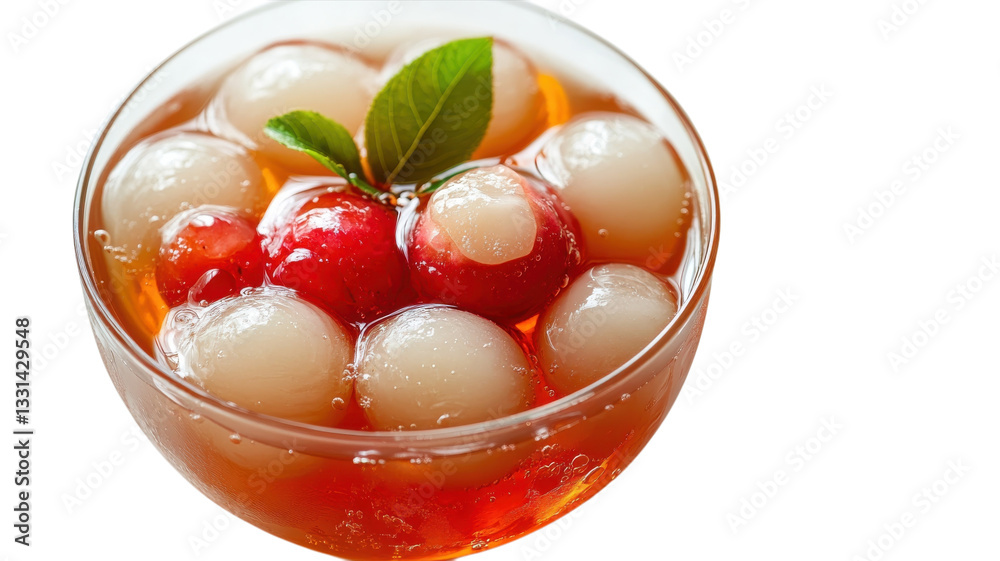 Refreshing dessert with colorful fruit balls in sweet syrup served in a clear bowl Refreshing dessert with colorful fruit balls in sweet syrup served in a clear bowl