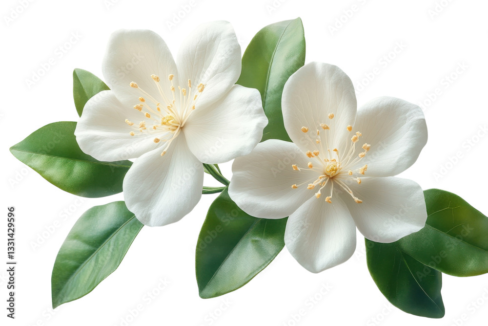 Fototapeta premium White jasmine flowers bloom gracefully with lush green leaves in a serene setting