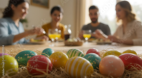 Friends gather for an Easter feast, sharing food. Festive table is adorned with decorated eggs. Joy and togetherness of holiday. Easter eggs close up, people on background