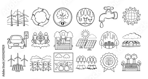 Environmental Sustainability and Climate Action, Environmental icons depicting sustainability, renewable energy, and conservation concepts.