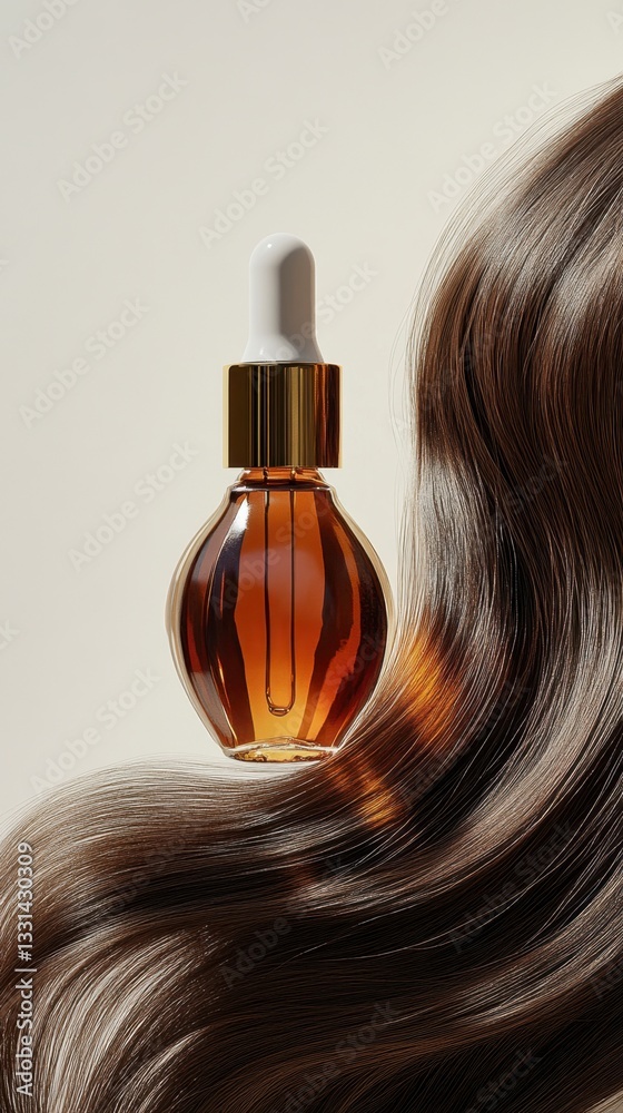 Fototapeta premium Amber glass dropper bottle of cosmetic serum rests on a brown faux fur fabric against a beige background. Soft, warm lighting enhances the product.