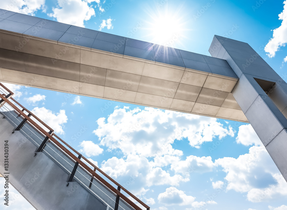 modern concrete pedestrian bridge against a vibrant blue sky with fluffy clouds