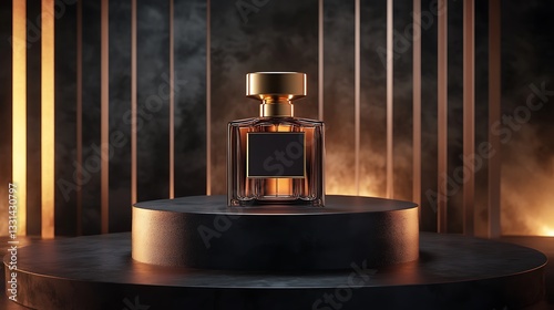 Perfume bottle, dark stage, smoky background, product display