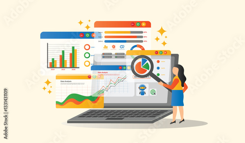An analyst cartoon for data business analysis and Data Management Syste concept with KPI and metrics connected to the database for technology finance, operations, sales, marketing and customer service