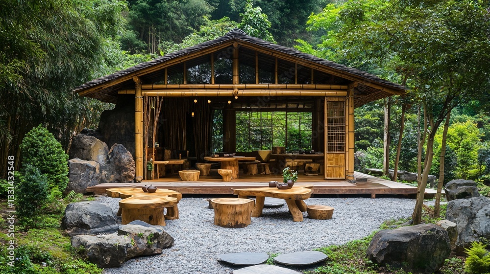 Naklejka premium A serene outdoor bamboo tea house surrounded by nature and tranquility