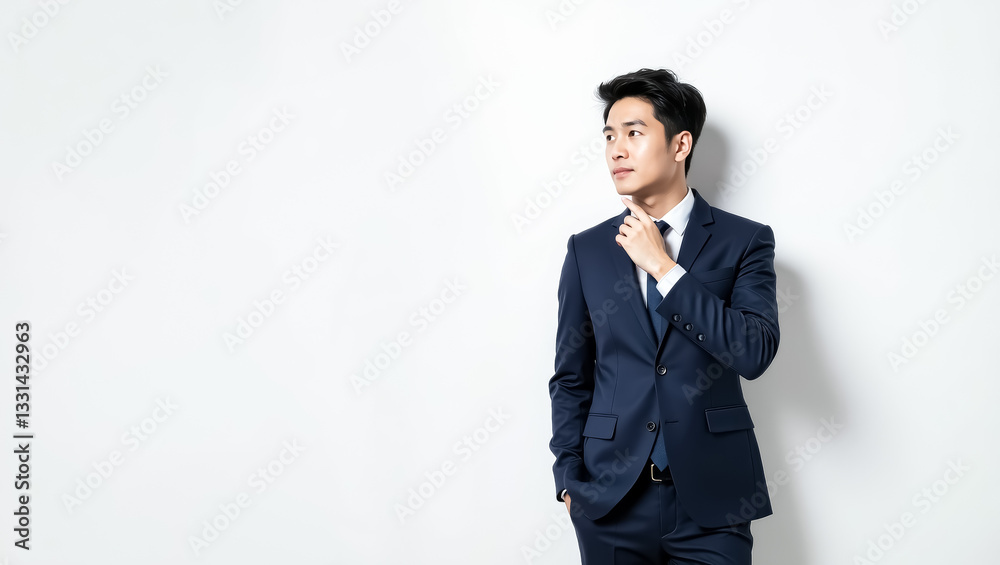 pensive young businessman in a navy blue suit thoughtfully contemplating against a bright white background. pensive young businessman in a navy blue suit thoughtfully contemplating against a bright white background.