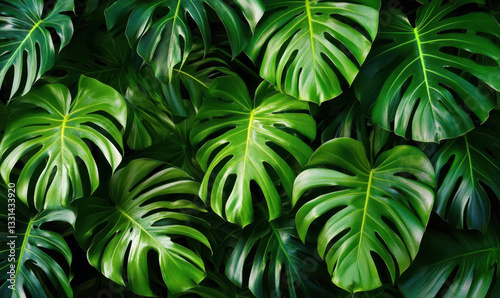 Lush, vibrant green Monstera deliciosa leaves form a dense, tropical backdrop.