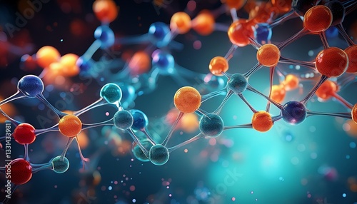 3D render of molecular structures representing drug development, showcasing complex molecular compounds and chemical reactions, symbolizing the cutting-edge of medical research and pharmaceutical inno