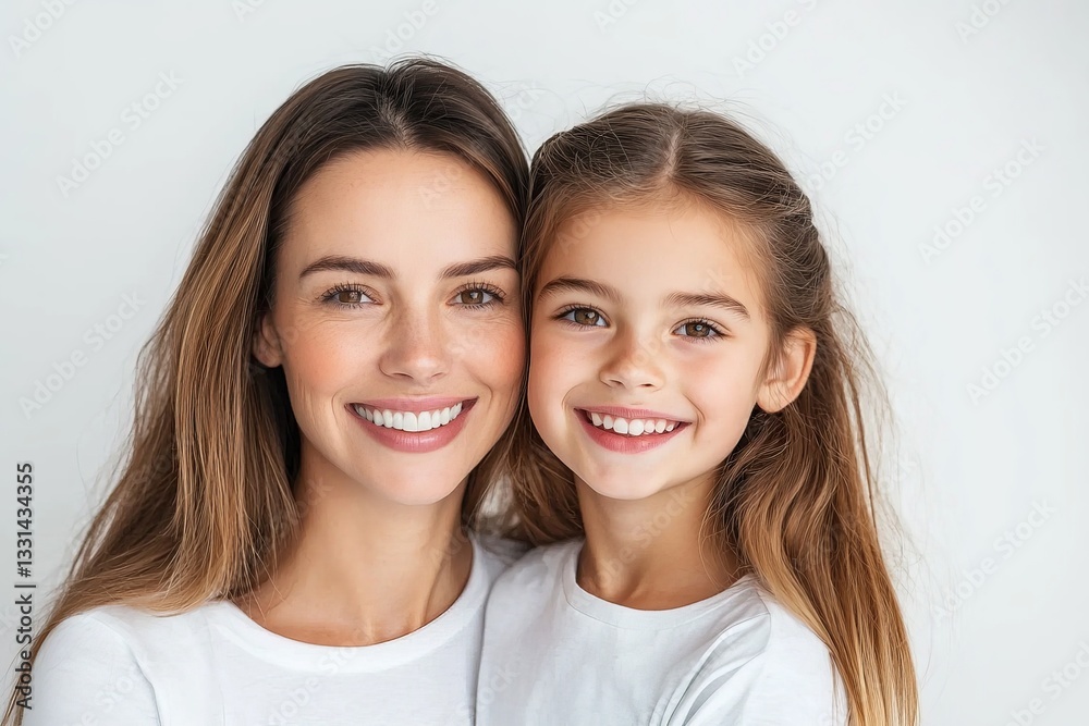 studio portrait of a happy mom and her young daughter wearing similar clothes studio portrait of a happy mom and her young daughter wearing similar clothes