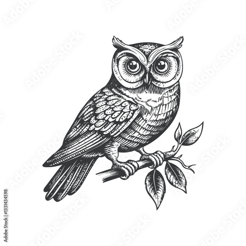 Vintage Hand-Drawn Owl Sitting on Branch in Black and White Style