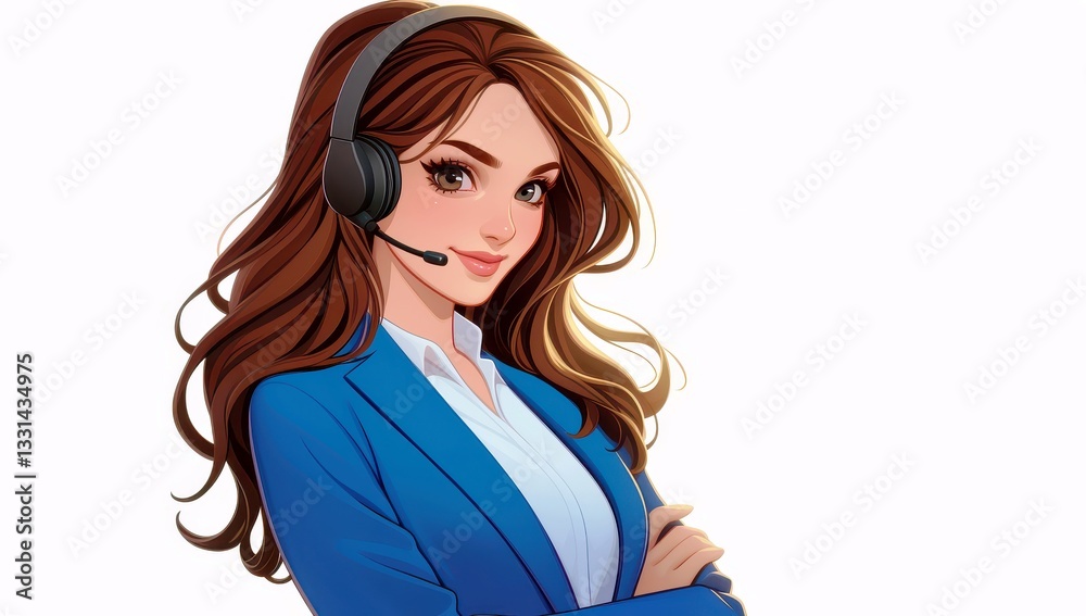 Cheerful customer service representative with headset in a blue blazer, ready to assist with professional demeanor and engaging expression Cheerful customer service representative with headset in a blue blazer, ready to assist with professional demeanor and engaging expression