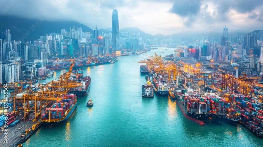 Naklejka premium Aerial view of a bustling harbor at twilight, numerous cargo ships and containers are illuminated, city skyline in the background.
