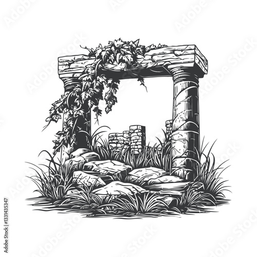 Abandoned Archway Overgrown with Ivy and Grass Illustration