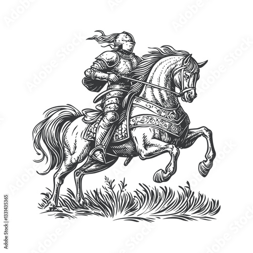 Detailed Knight on Horseback Charging Forward in Vintage Style