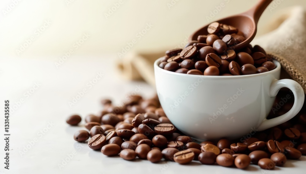 Whole coffee beans overflowing from a simple white ceramic cup, morning, background Whole coffee beans overflowing from a simple white ceramic cup, morning, background