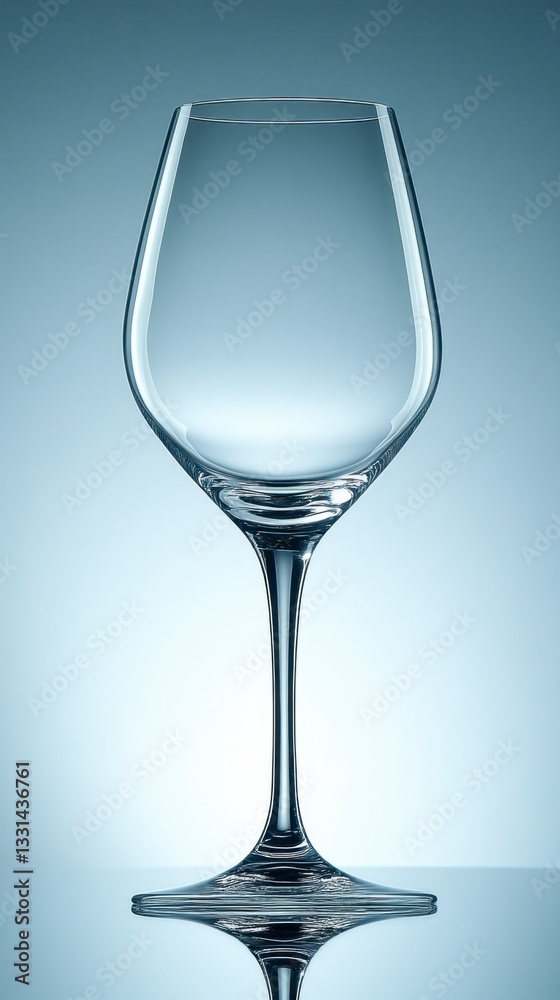 Clear wine glass on a light blue background, reflecting on a surface. The glass is tall and slender with a wide bowl. Simple, elegant product shot. Clear wine glass on a light blue background, reflecting on a surface. The glass is tall and slender with a wide bowl. Simple, elegant product shot.