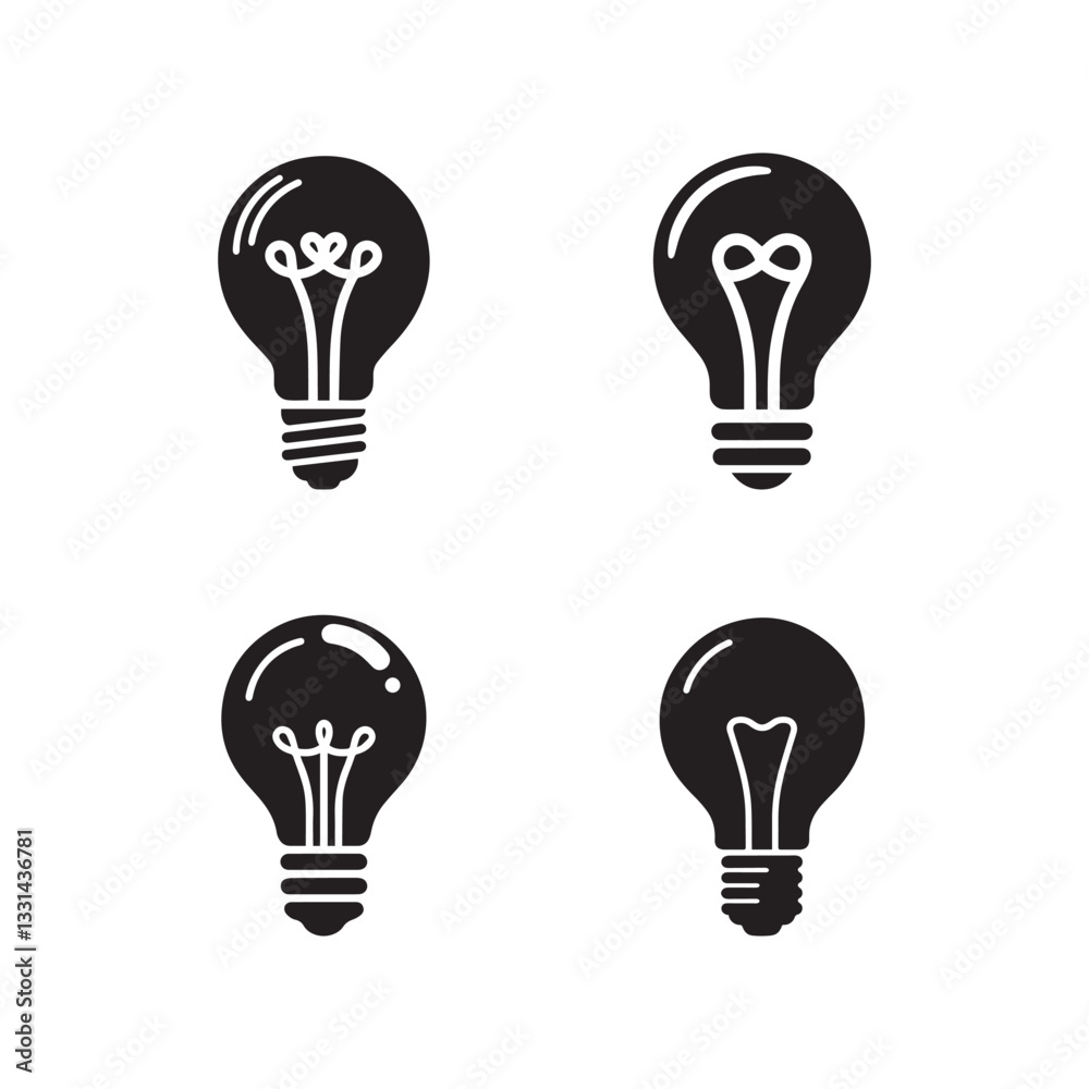 Light bulb black silhouette bundle isolated on white background, logo icon clip art Light bulb black silhouette bundle isolated on white background, logo icon clip art