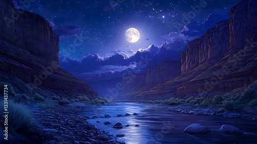 Moonlit Canyon River at Night