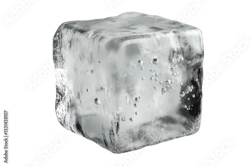 Clear ice cube with bubbles reflecting light, perfect for refreshing drinks or cocktails