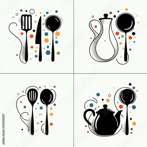 Stylized illustration of kitchenware. Continuous one line drawing kitchen utensils, cooking tool illustration, black and white outline cutlery sketch design isolated on white background. EPS 10.