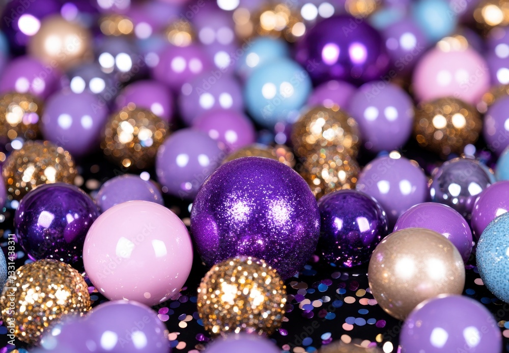 Fototapeta premium Close up view of numerous shiny spheres in varying shades of purple, lavender, gold, and light blue, scattered on a dark surface with glitter. The image evokes a feeling of luxury and festive cheer.