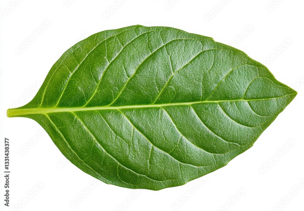 Obraz premium Close up view of a single, vibrant green leaf isolated on a white background. The leaf exhibits a detailed texture and prominent central vein.