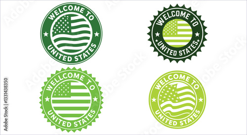 Welcome to united states of American flag round badge vector design. USA flag circular badge with welcome to united states text vector. American flag badge with welcome to united states text