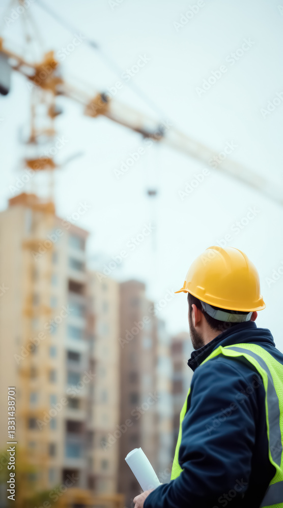 construction worker reviewing blueprints at a building site construction worker reviewing blueprints at a building site