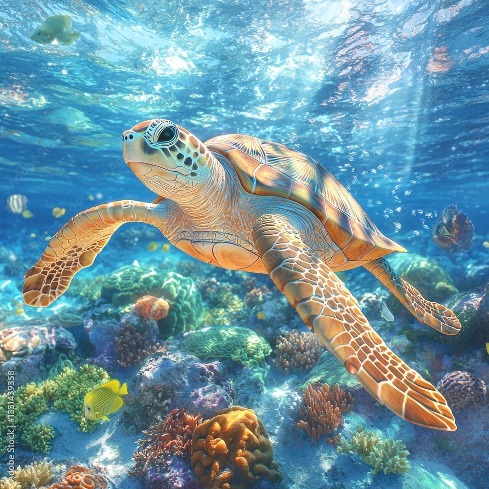 Obraz premium A sea turtle swimming gracefully through vibrant coral reefs.