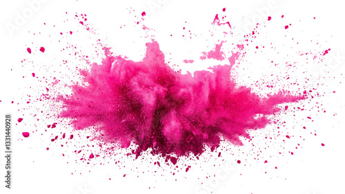 Pink powder explosion isolated on white background. Colorful dust explode. Paint Holi. colorful vibrant rainbow Holi paint color powder explosion with bright colors isolated white background.	
