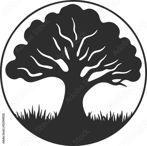  Icon or logo of a beautiful and large oak tree, silhouette of a tree with leaves and grass in black.