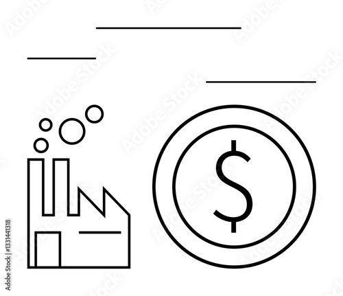Factory emitting bubbles next to a large dollar coin signifies industrial production and economic growth. Ideal for economy, manufacturing, finance, investment, trade, business strategy