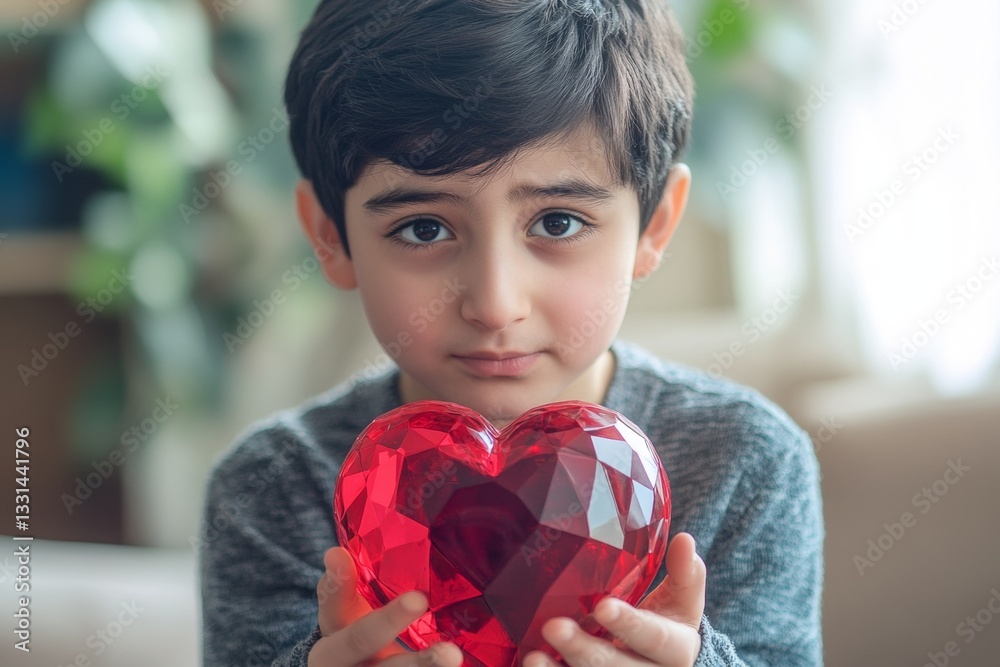 Valentine's day greeting and funny gift. Serious face cute middle eastern youth boy with big diamond heart in hands. Happy valentine's emotions. Love, joy, and family. Family love moment. Valentine's day greeting and funny gift. Serious face cute middle eastern youth boy with big diamond heart in hands. Happy valentine's emotions. Love, joy, and family. Family love moment.