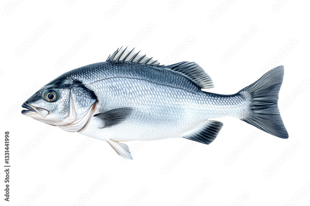 Fototapeta premium Silver sea bass fish isolated on white transparent background, showcasing its shiny scales and natural texture.