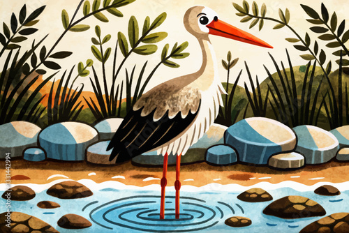 stork in beautiful lake with stones abstract cartoon
