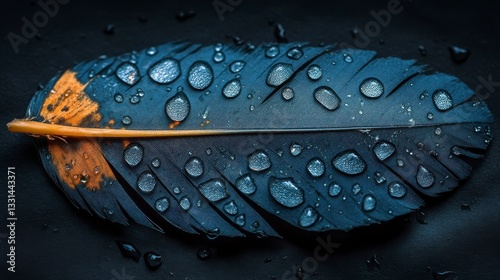 Close up view of a single dark blue feather with water droplets, accented with a small patch of golden orange at the base, set against a black background. High contrast, detailed macro photography.