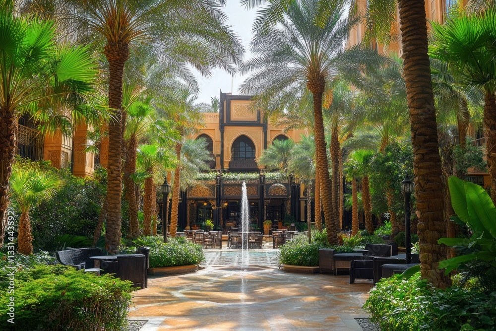 Obraz premium Oasis Courtyard with Palm Trees, Fountain, and Seating.
